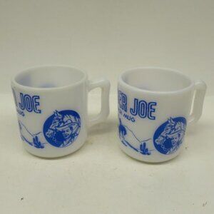 2 - Hazel Atlas White with Blue  Design RANGER JOE RANCH 2 7/8 Inch Childs Mugs